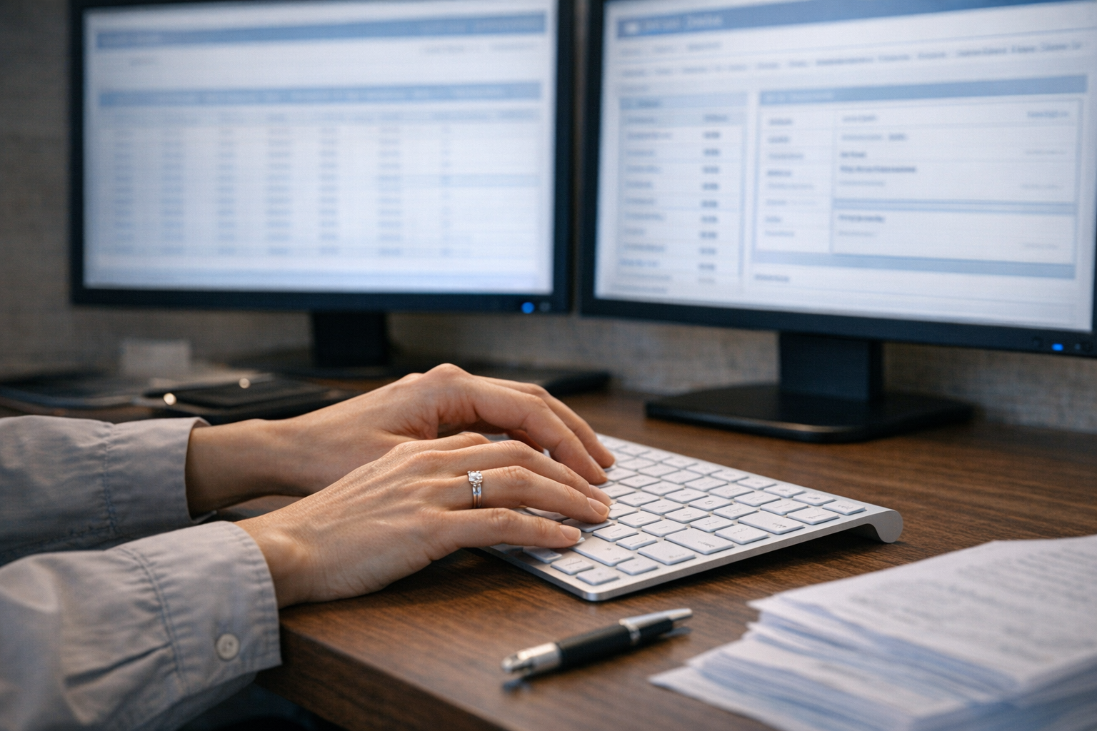Back-office operator working across reporting and document management screens