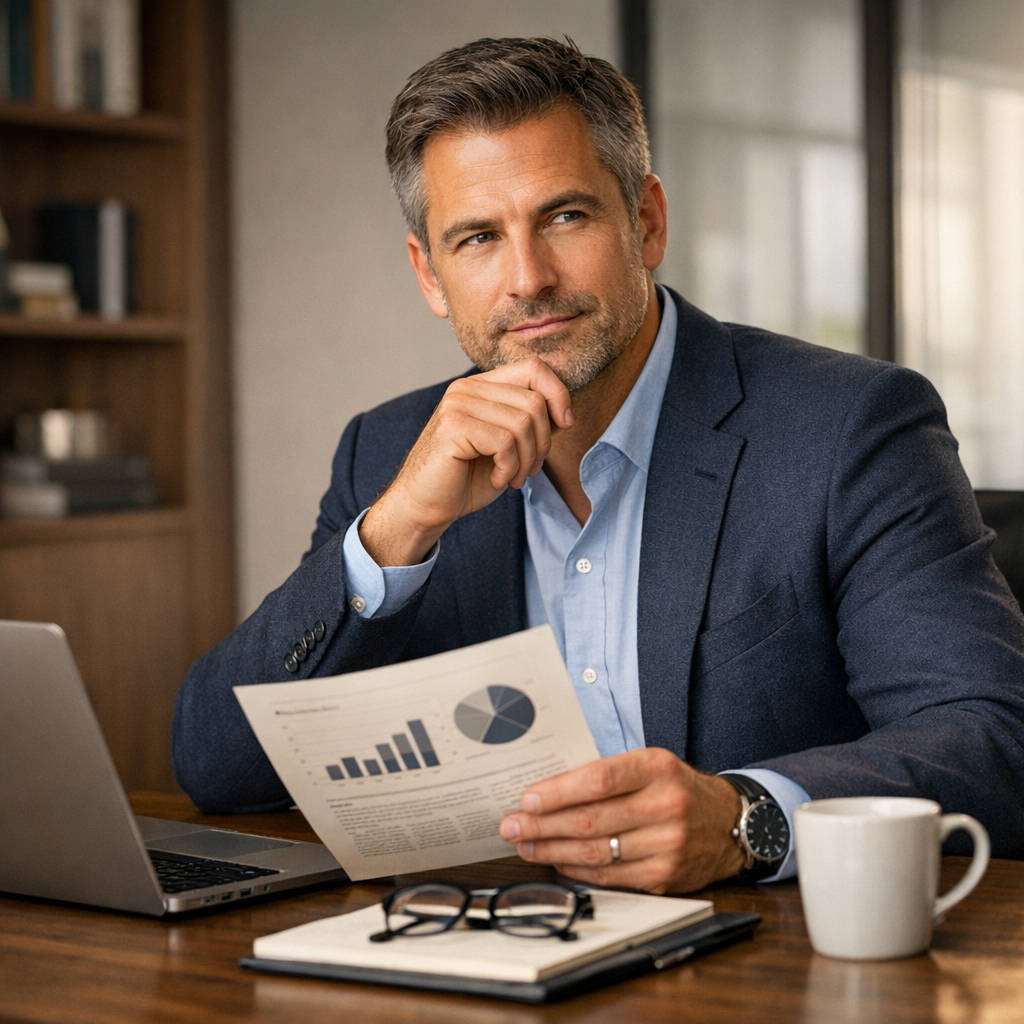 Business leader reviewing back-office performance documents