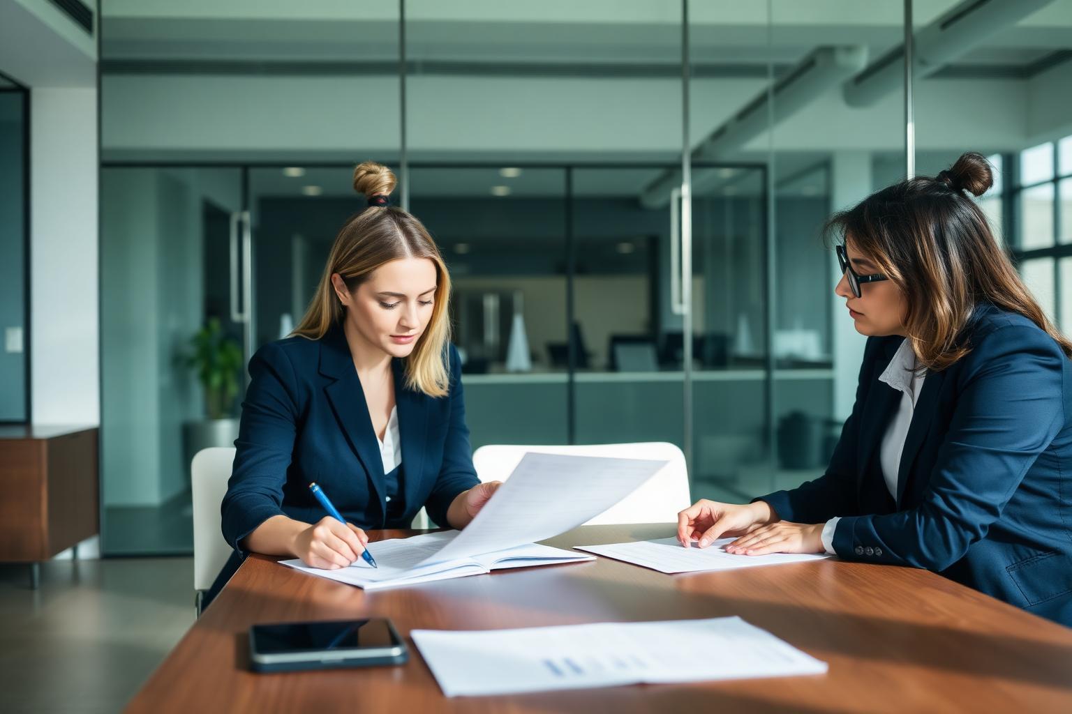 Two professionals in a structured meeting with notes on the table