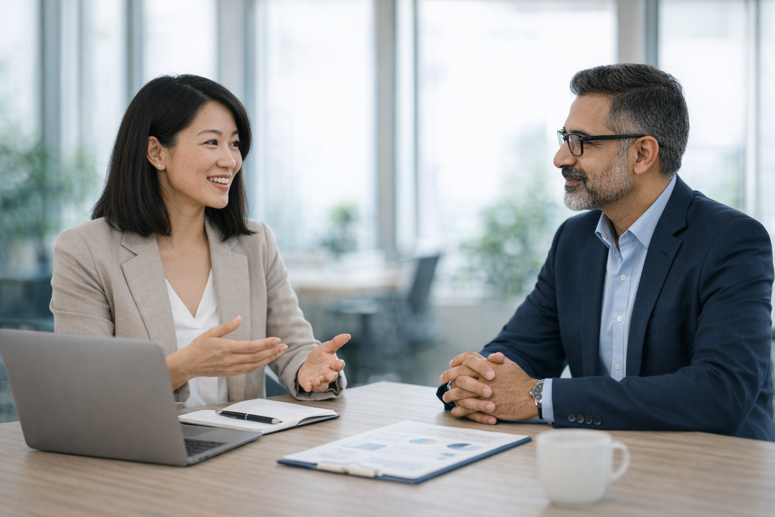 Two professionals from different cultural backgrounds collaborating across a desk