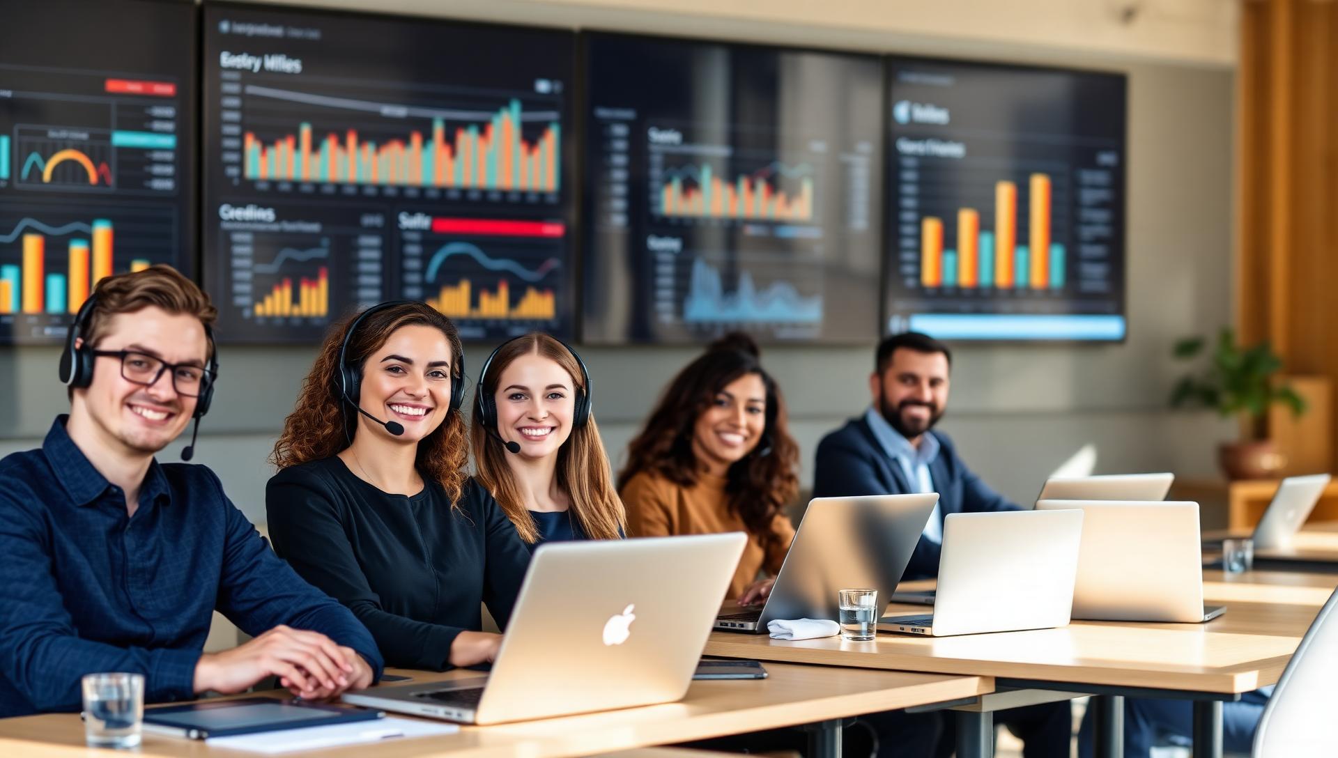 Customer operations team in bright modern office with satisfaction metrics on screens