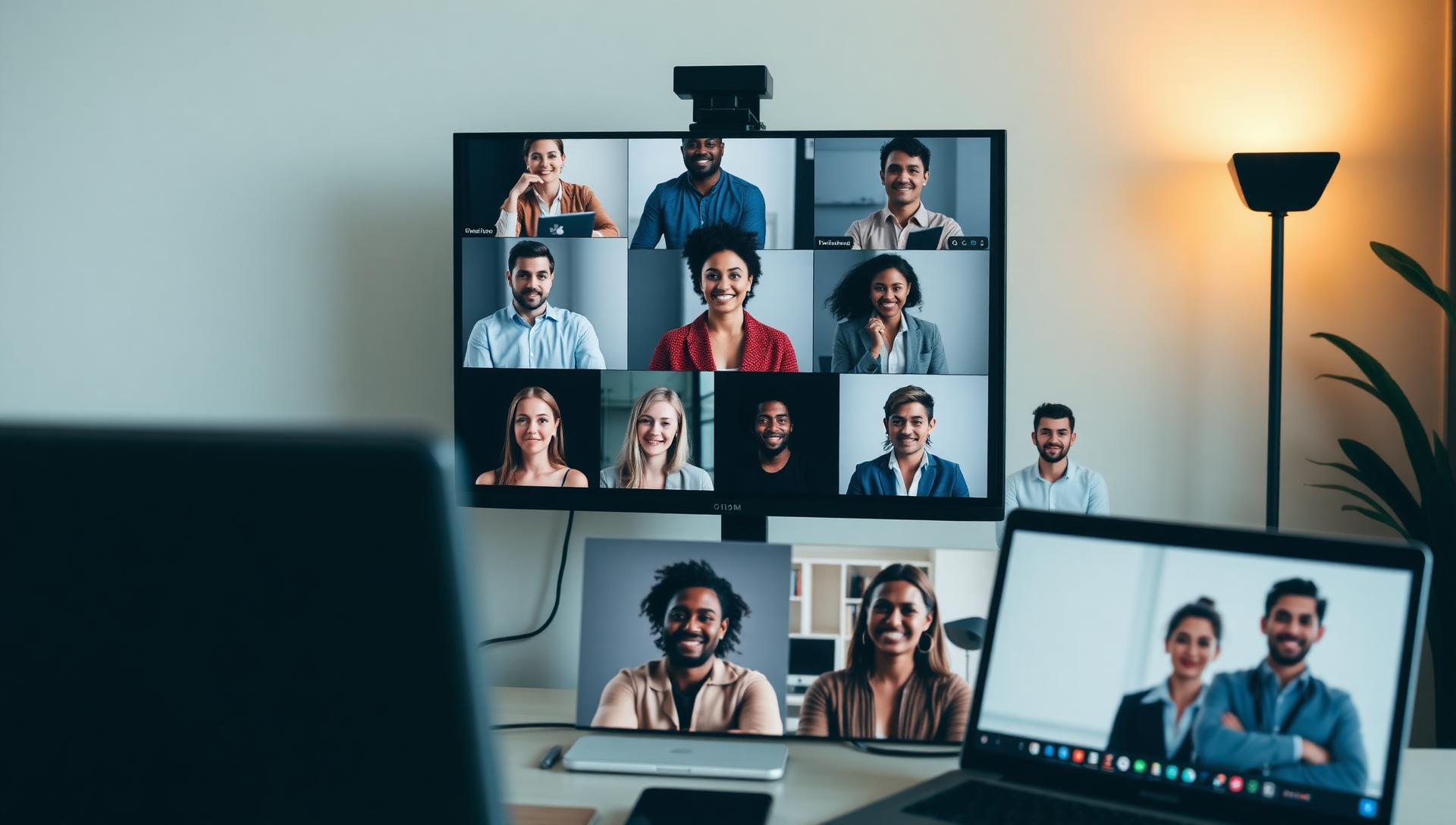 Diverse distributed team on video conference call across multiple screens