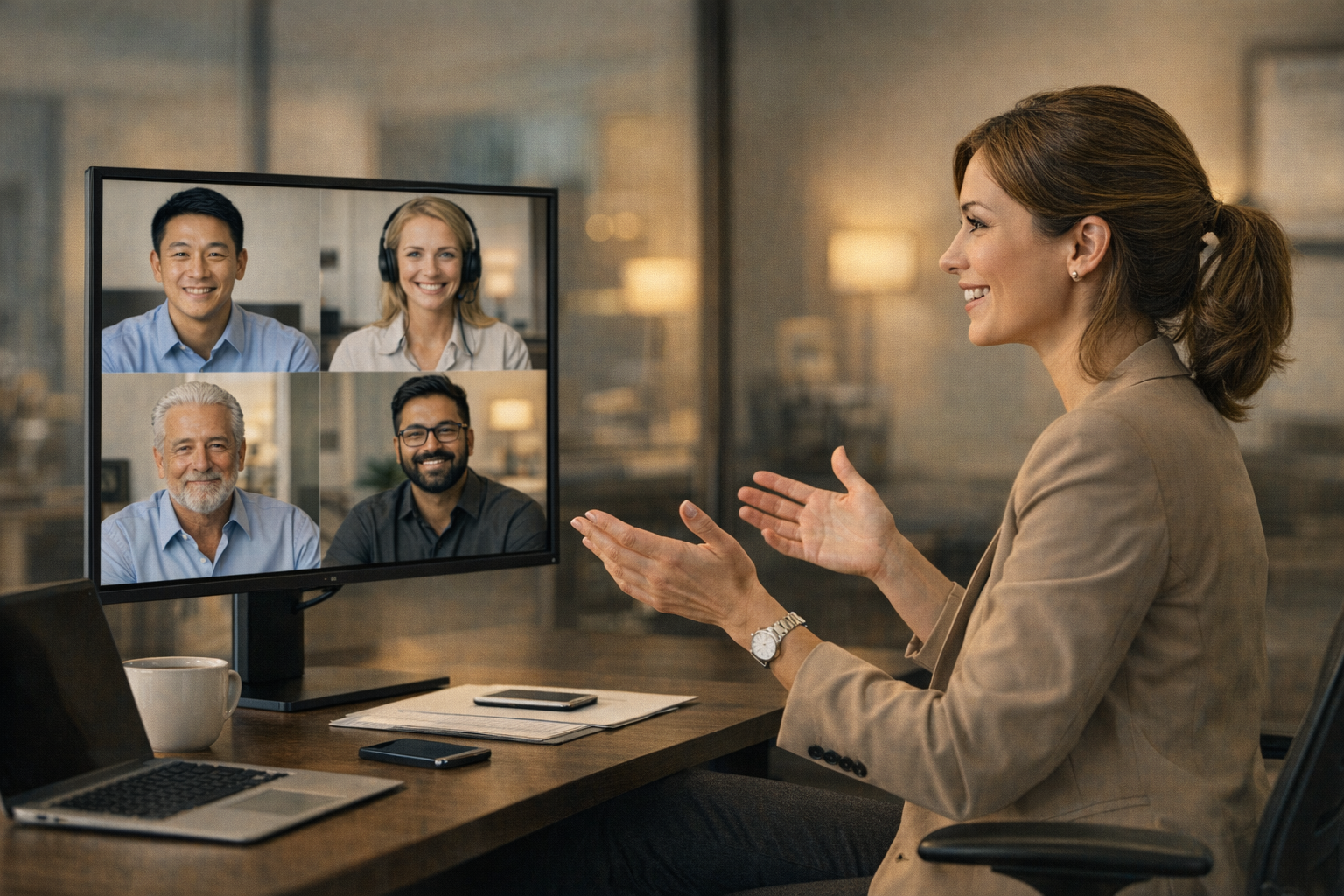 Professional on video call with international colleagues on monitor