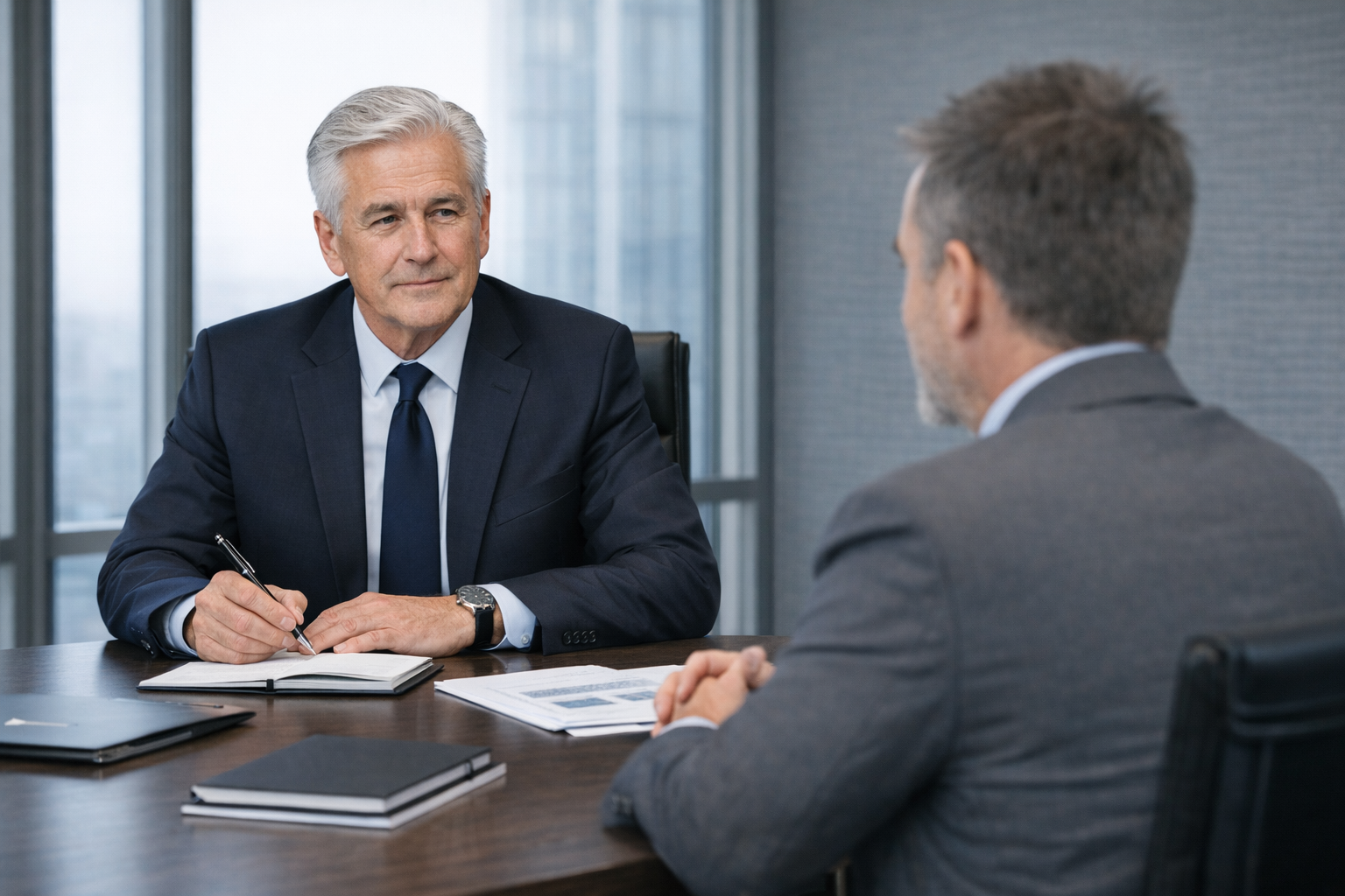 Senior executive evaluating a vendor across a boardroom table