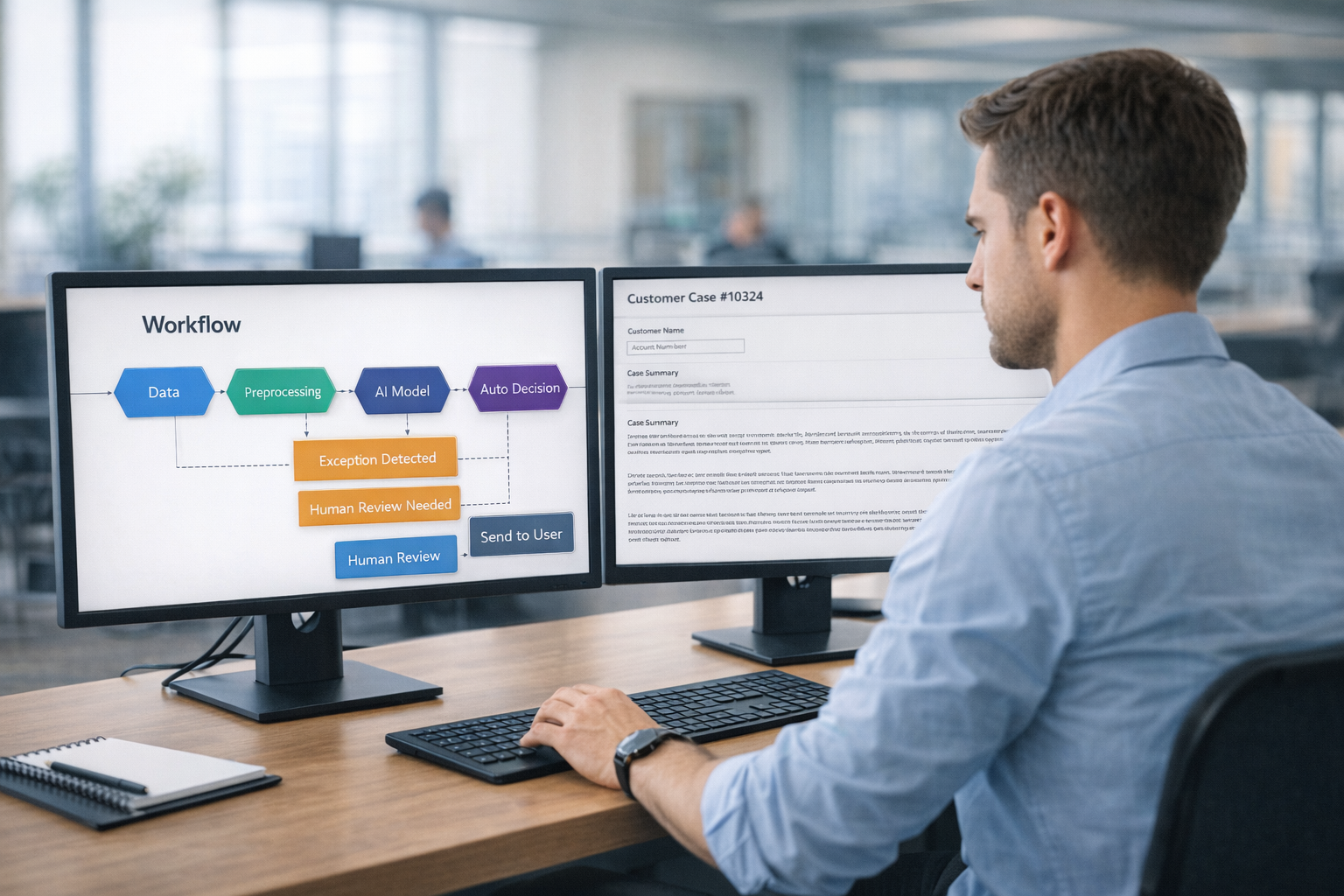 Operations team reviewing workflow metrics on a large display in a bright office