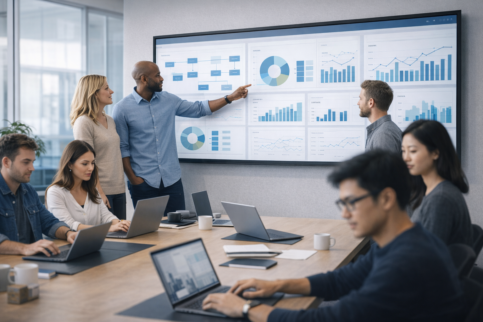 Operations team working at workstations in a modern office