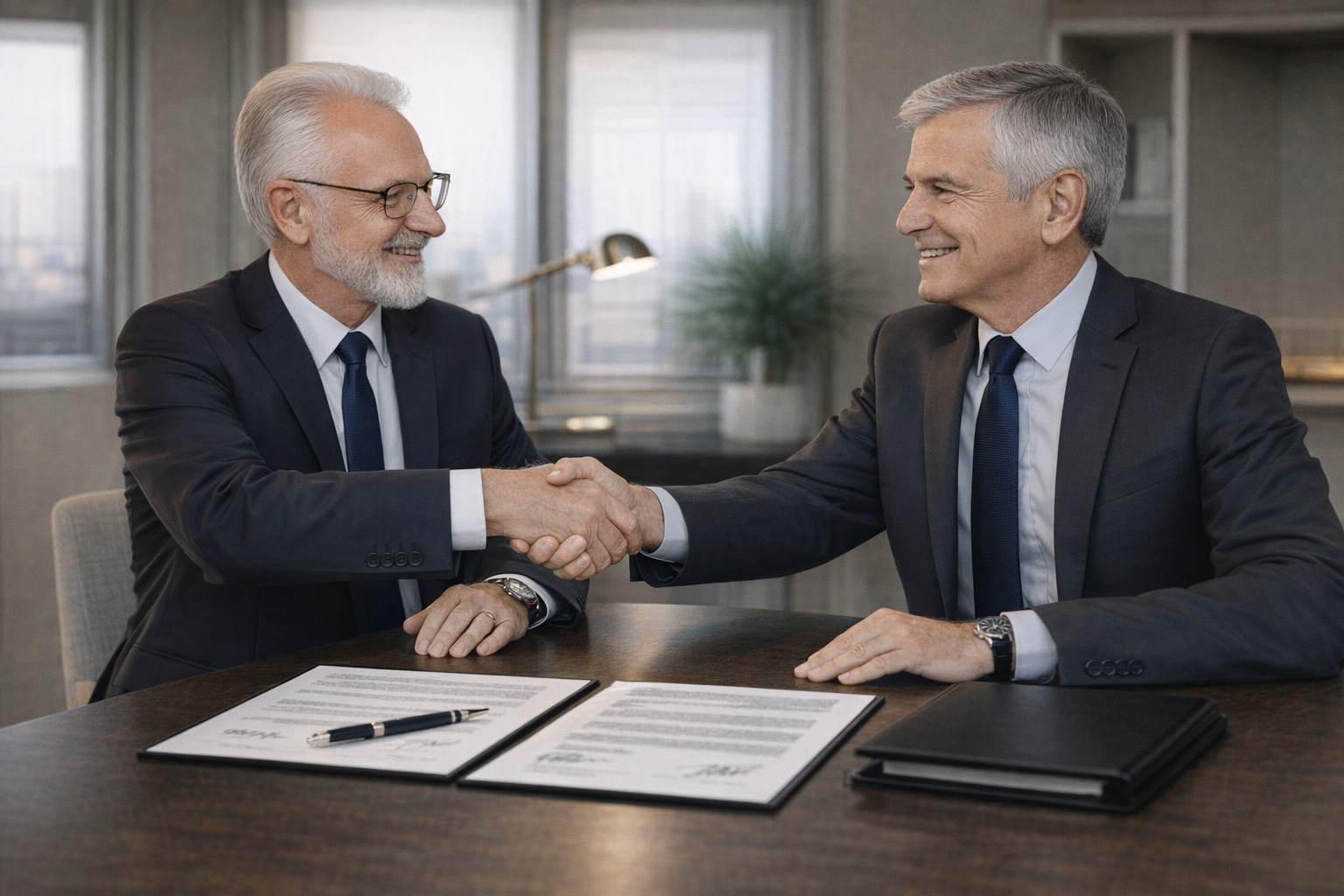 Two senior professionals shaking hands with signed documents on the desk