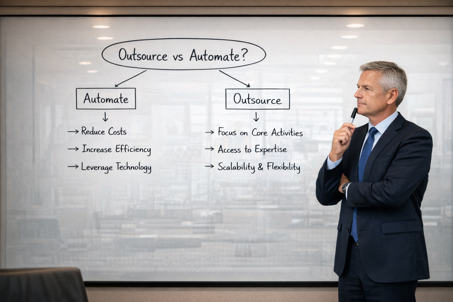 Operations leader reviewing a workflow framework on a whiteboard