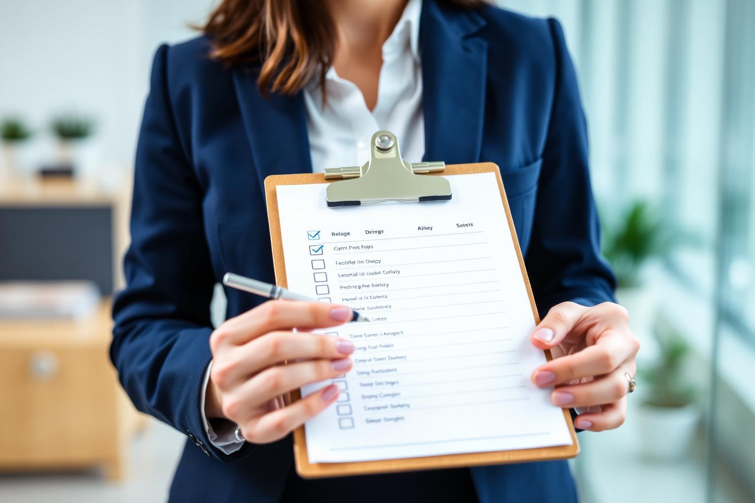Professional holding a checklist clipboard reviewing items in a bright office