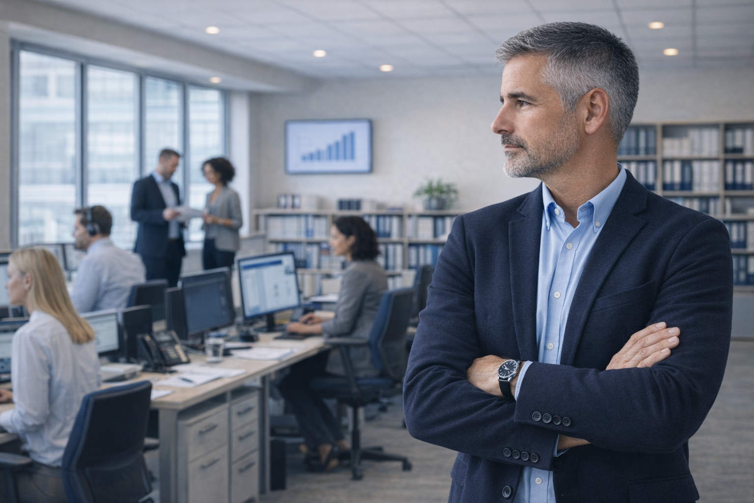 Confident operations director standing in open-plan office evaluating their team