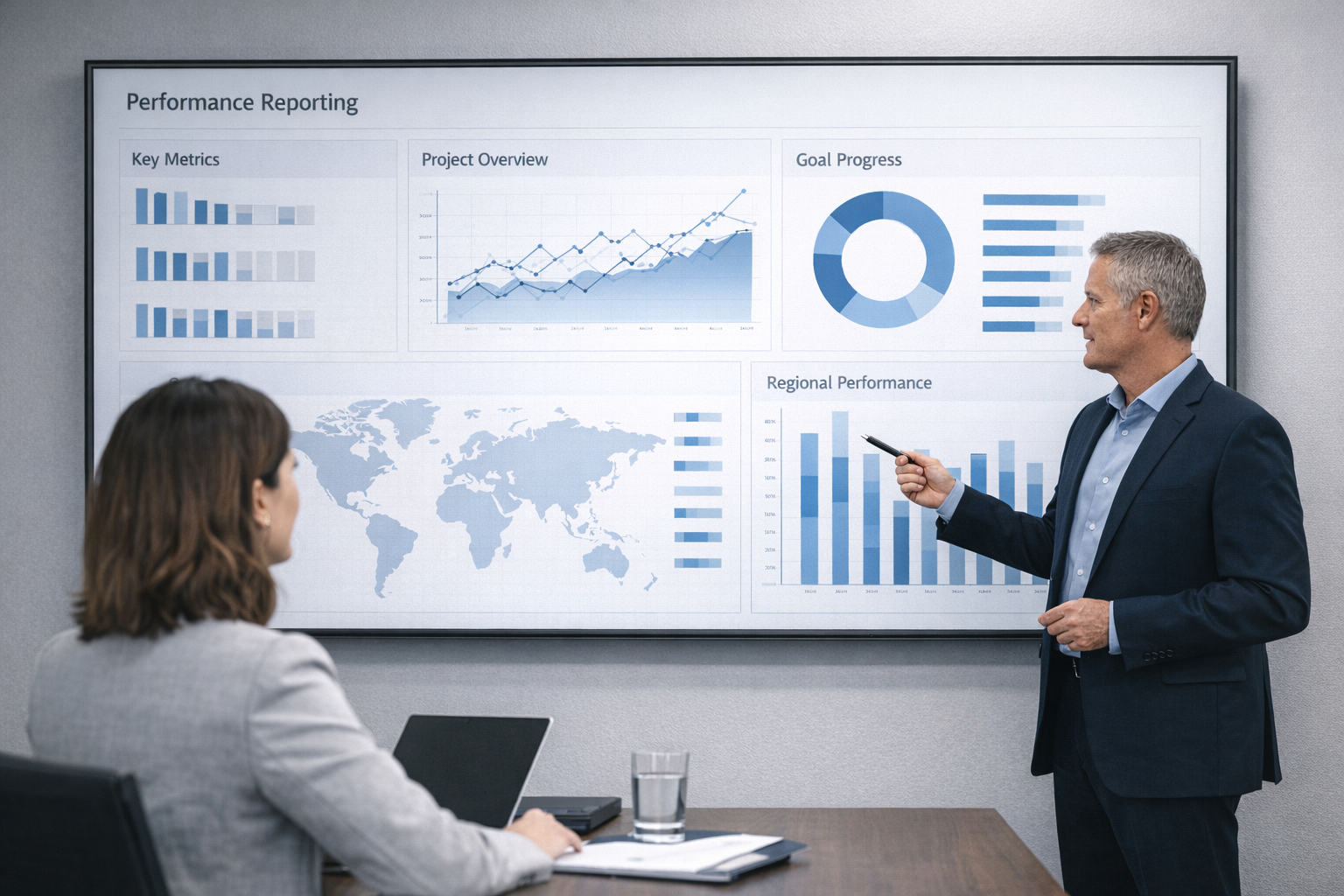 Professional pointing at performance reporting dashboard with a colleague