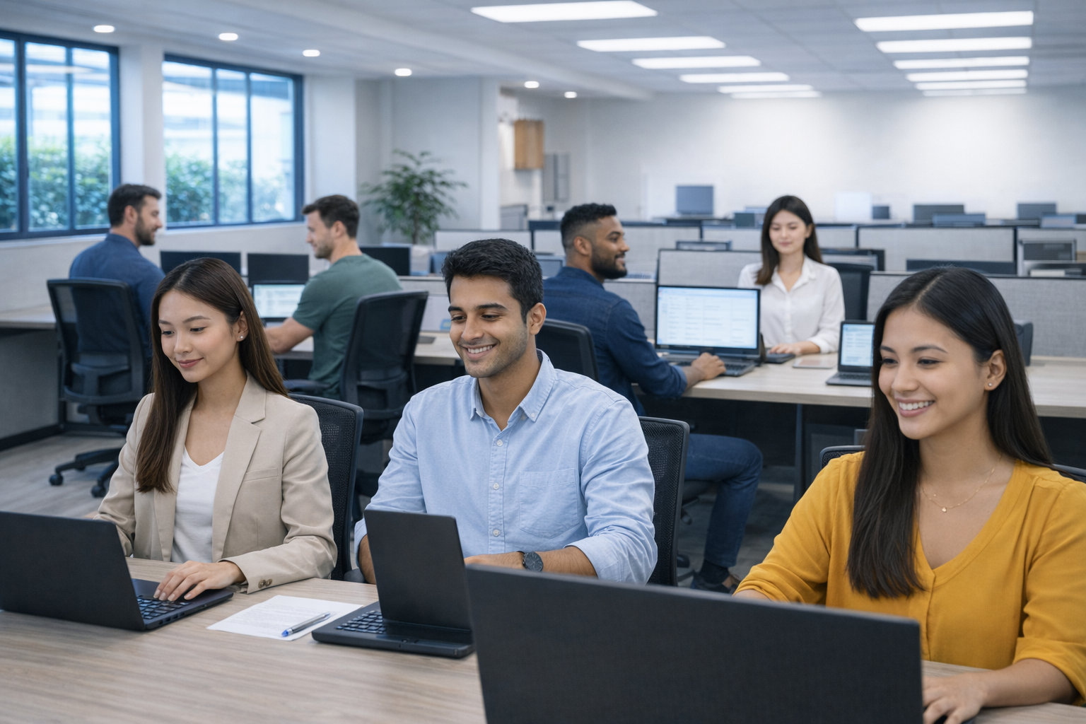 Bright modern BPO office with diverse team at workstations