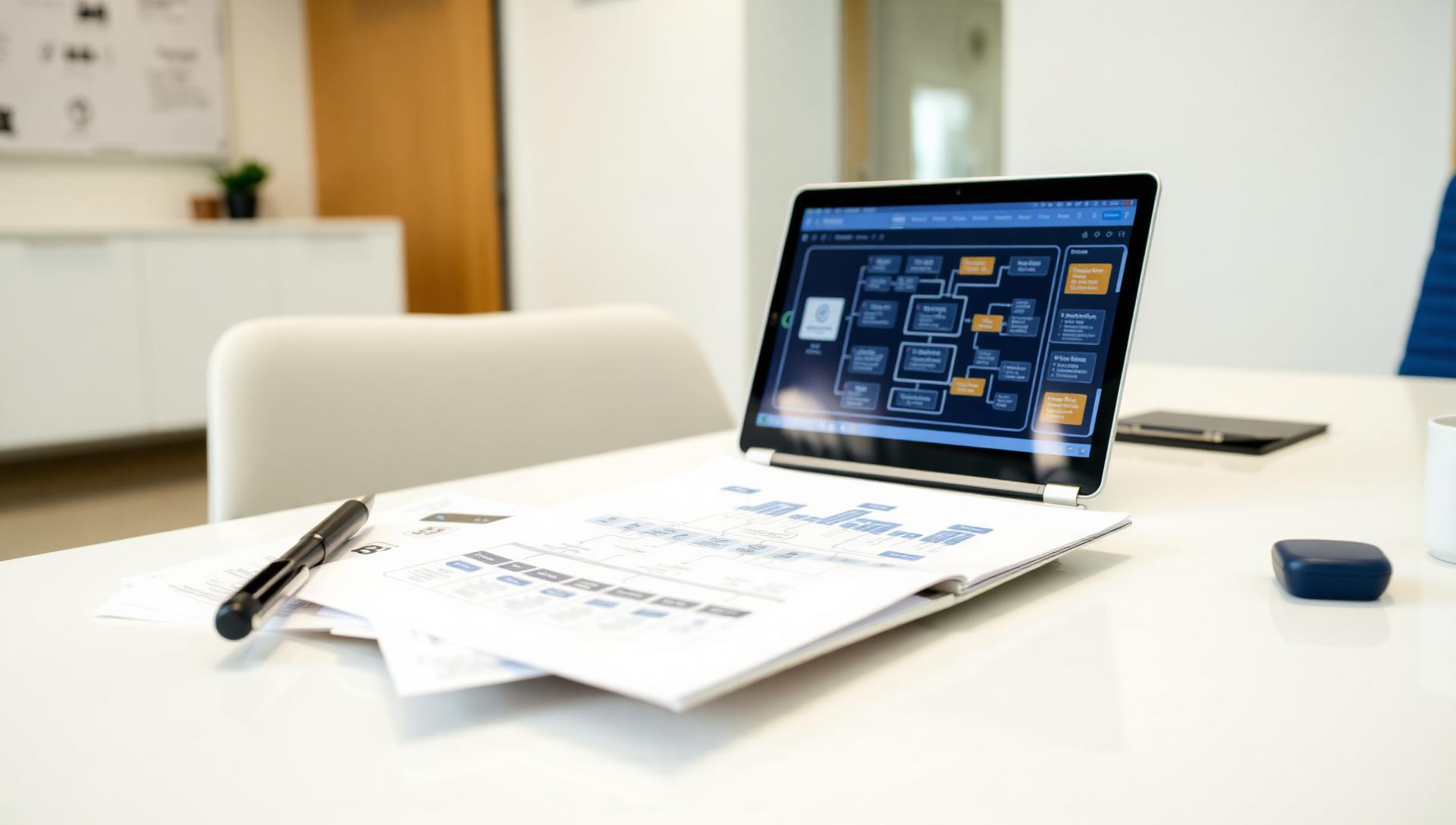 Professional documenting workflows on laptop with printed process maps on desk