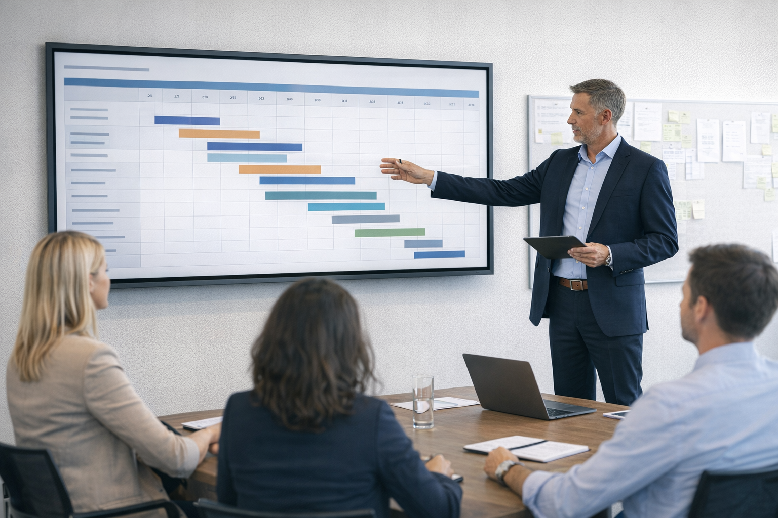 COO reviewing Q4 planning timeline on large screen with team in modern office