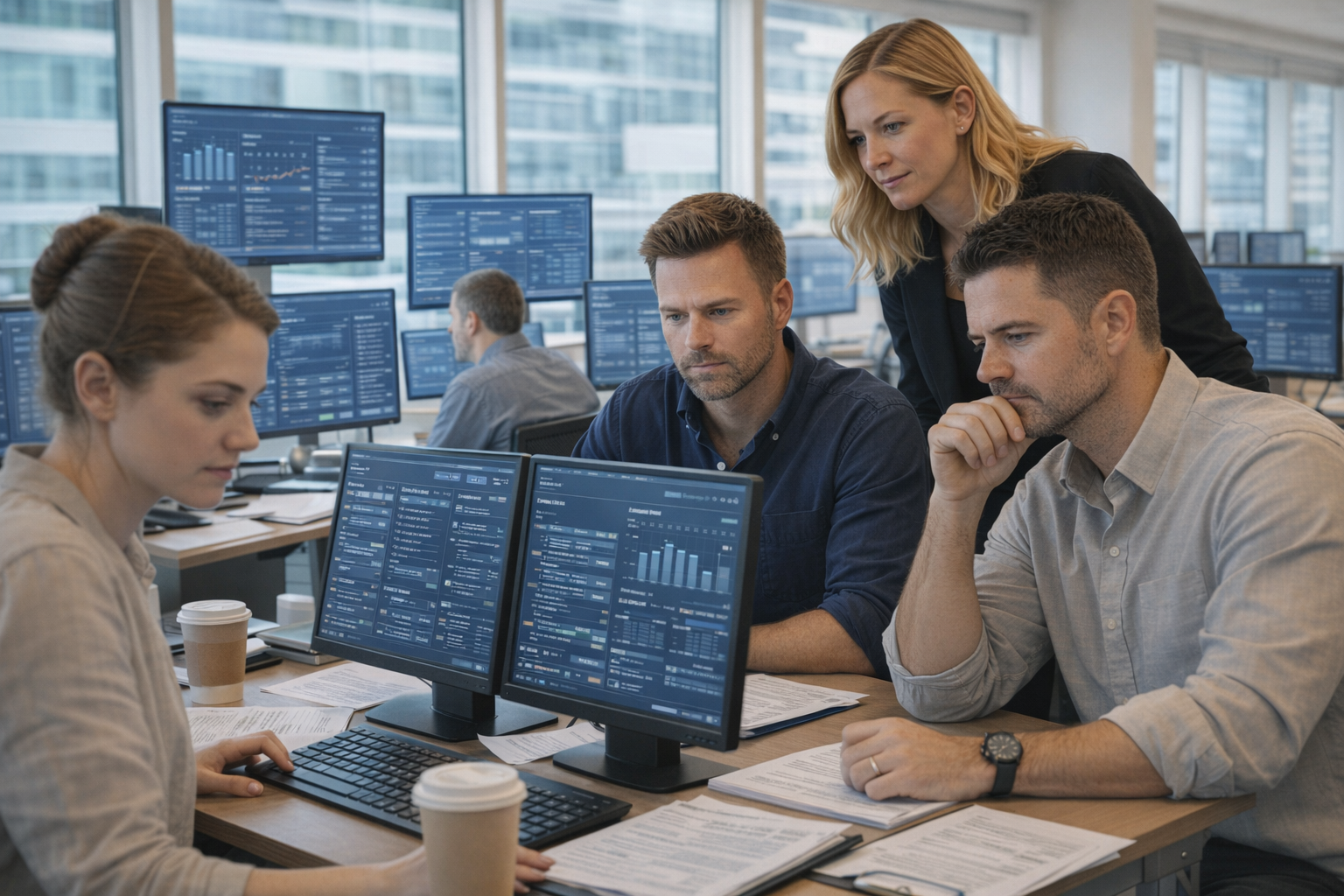 Small operations team working intensely during peak period with multiple screens