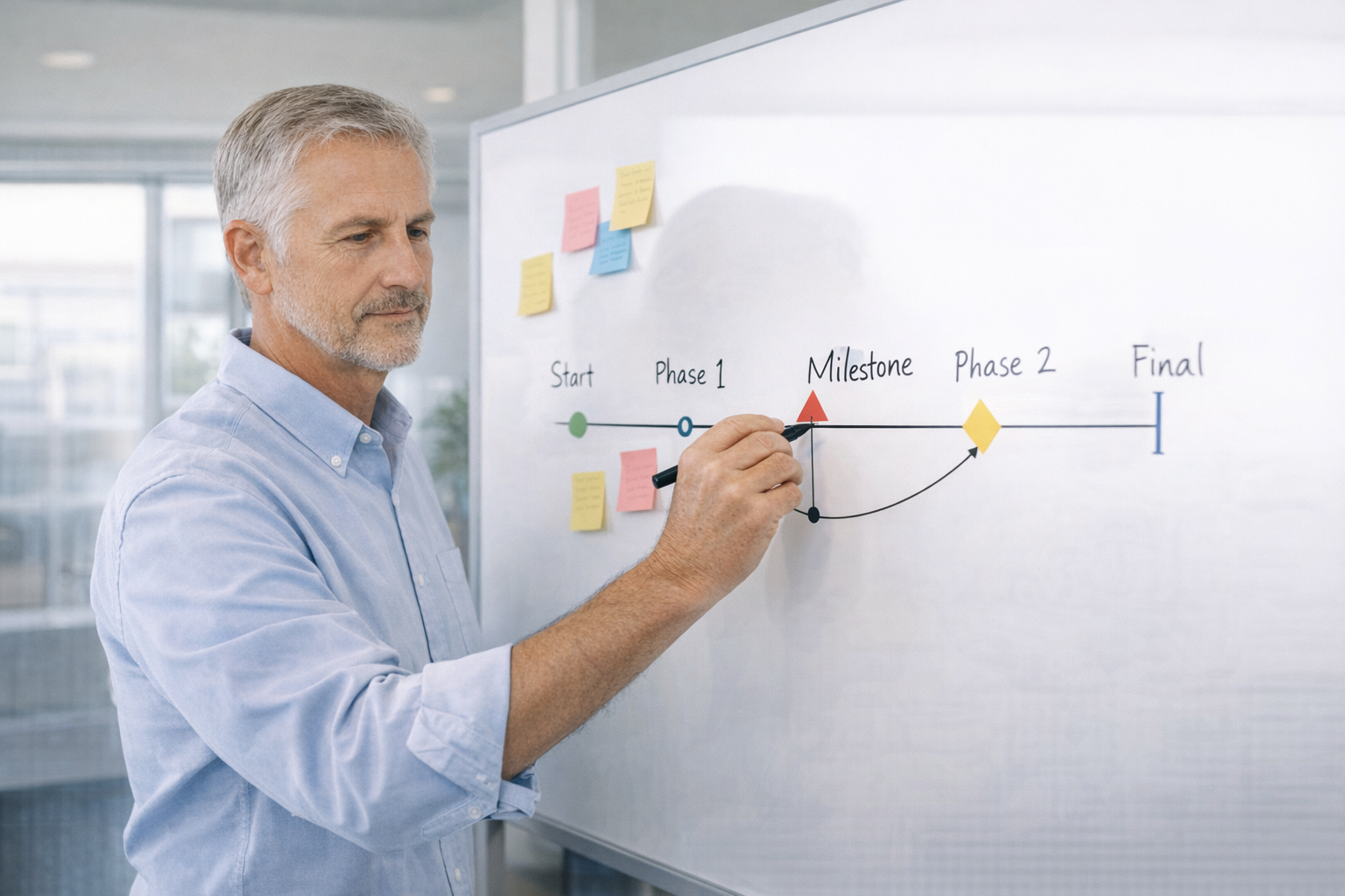 Senior operations professional mapping project timeline on whiteboard