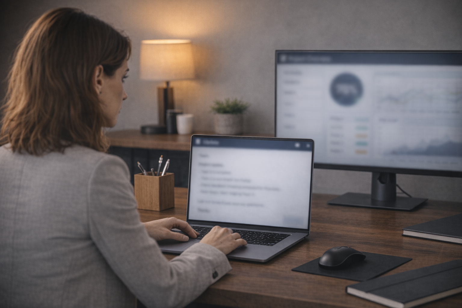 Professional sending structured update via collaboration tools on laptop