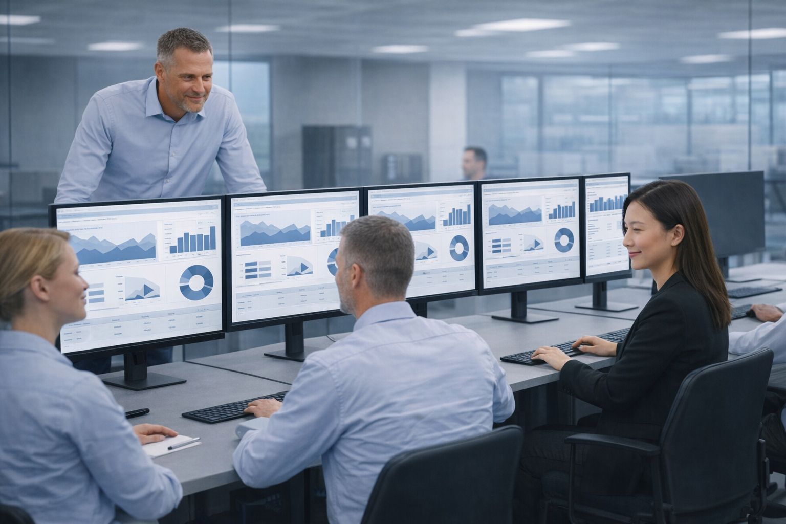Operations team running structured workflow with consistent dashboard screens