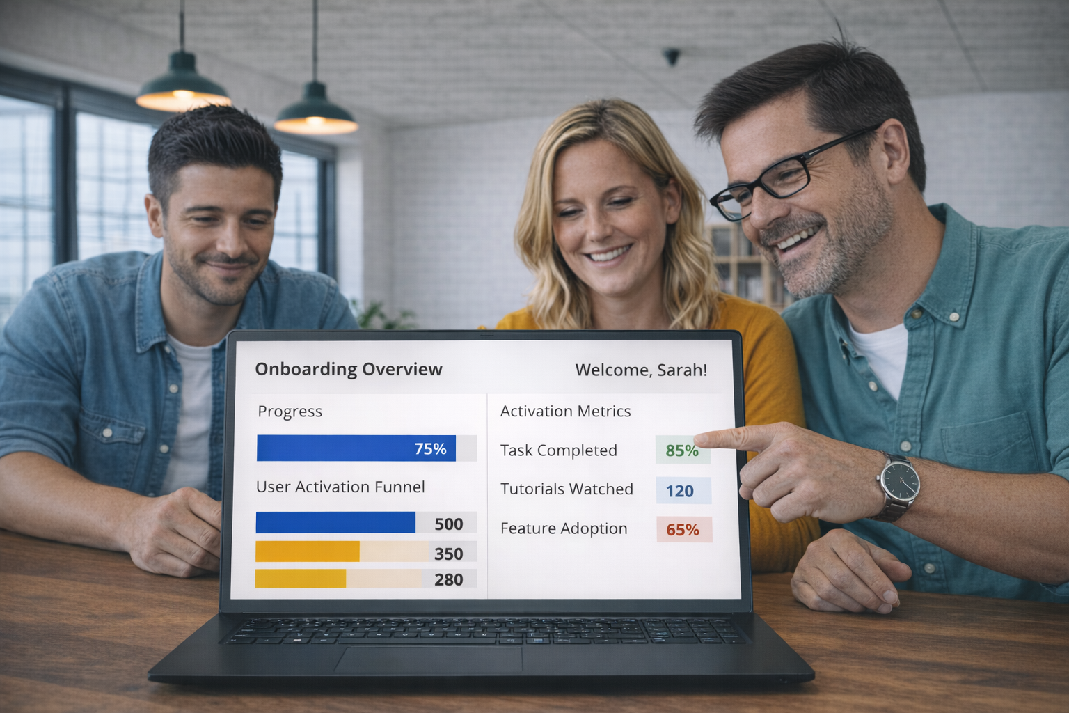 SaaS customer success team collaborating in a modern office