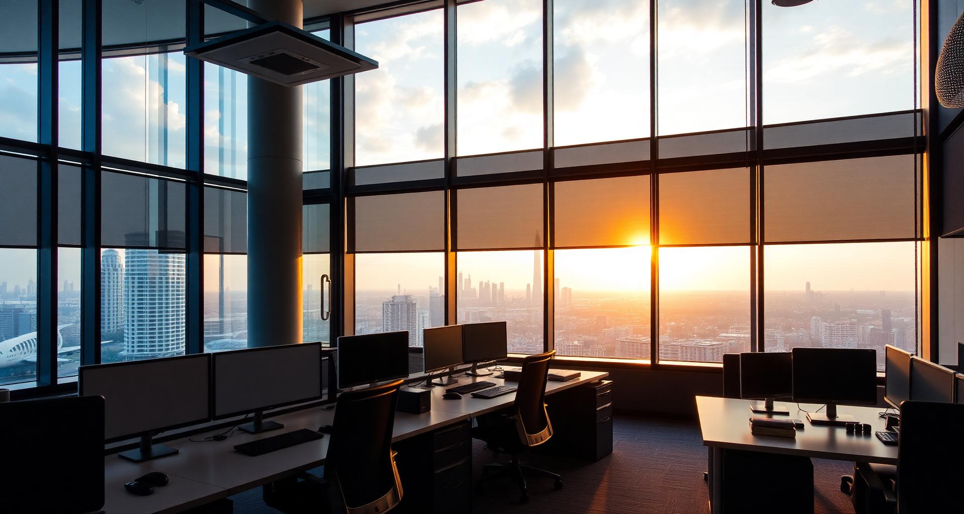 Modern professional operations office in Southeast Asia with city skyline view