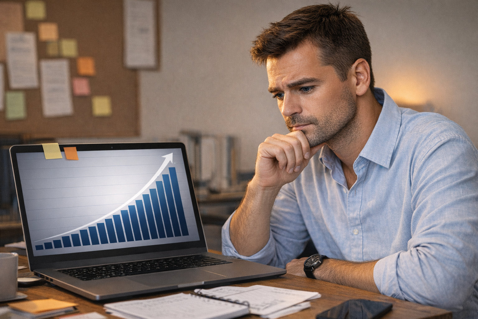 Startup operations manager looking at rapidly growing volume chart on laptop