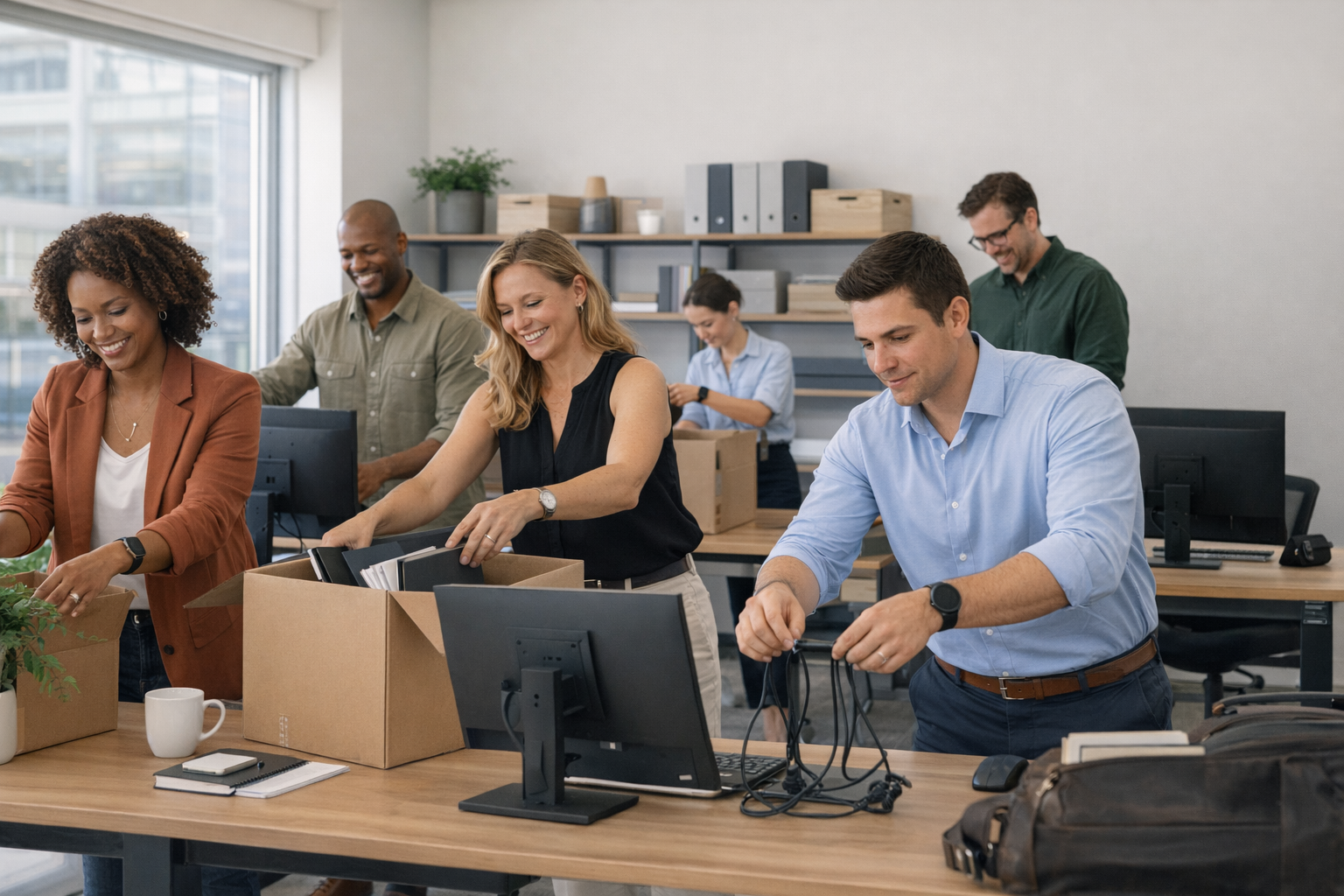 Newly assembled team setting up workstations with energy of rapid onboarding