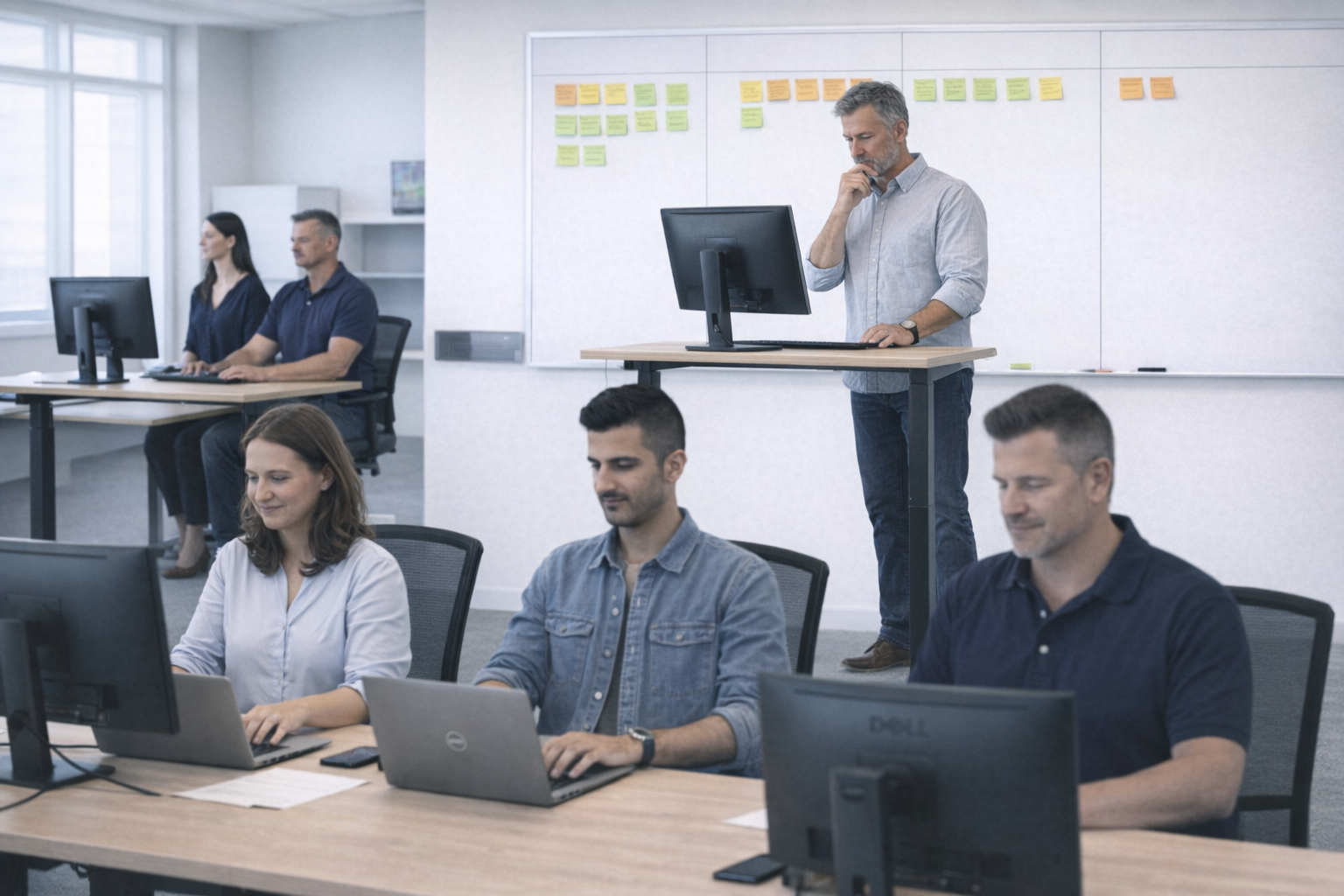Customer support team with routine agents at workstations and senior specialist handling escalation