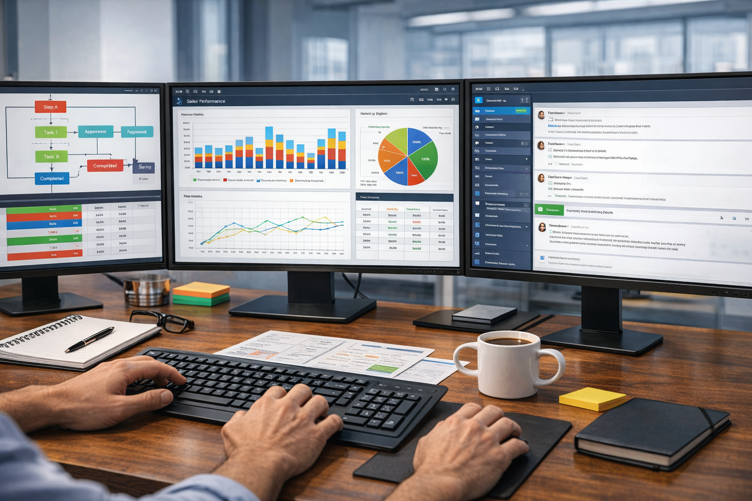 Operator managing custom workflow dashboards, process maps, and communication tools