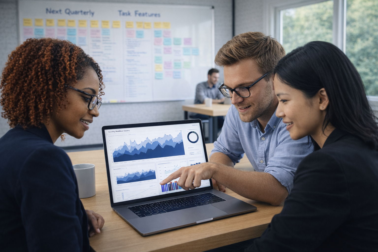 SaaS team reviewing customer onboarding metrics together