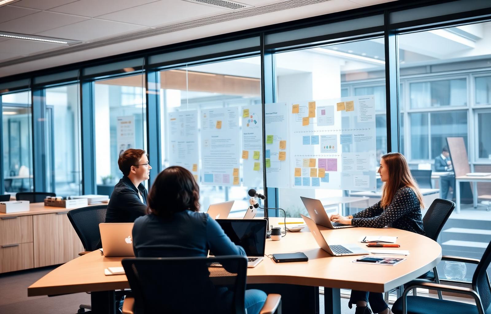 Operations team collaborating around process diagrams in a modern office