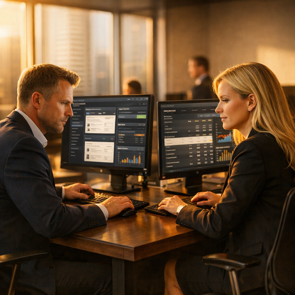 Back-office specialists working across dashboards in a modern office