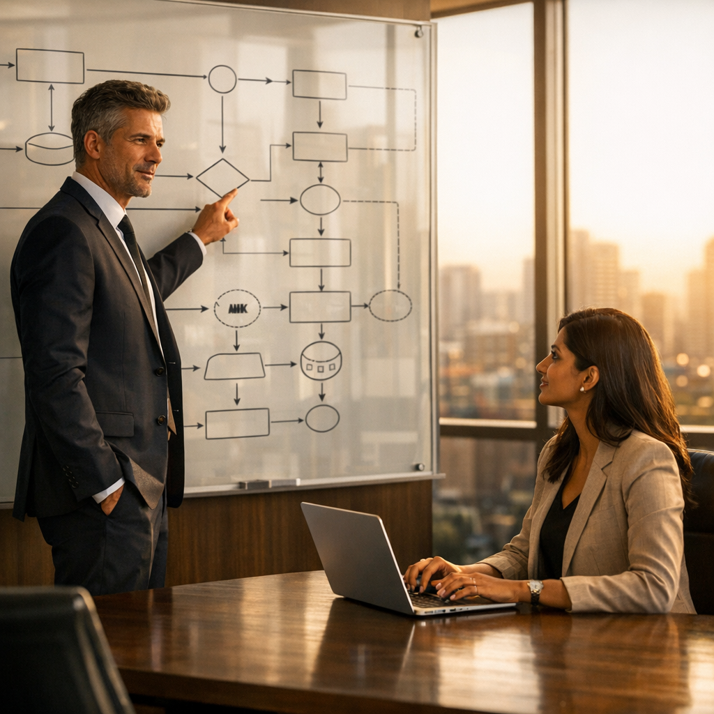 Consultant mapping a custom workflow on a whiteboard with a client at a laptop