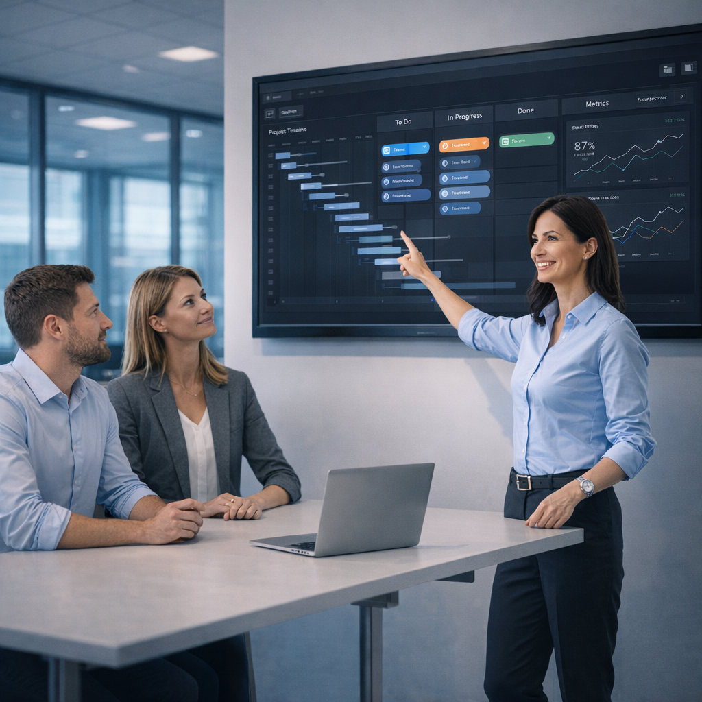 Project coordinator presenting a project board and metrics to a team