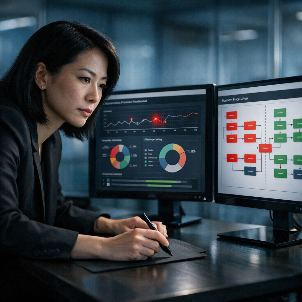 Analyst reviewing AI-driven process insights and a business process flow