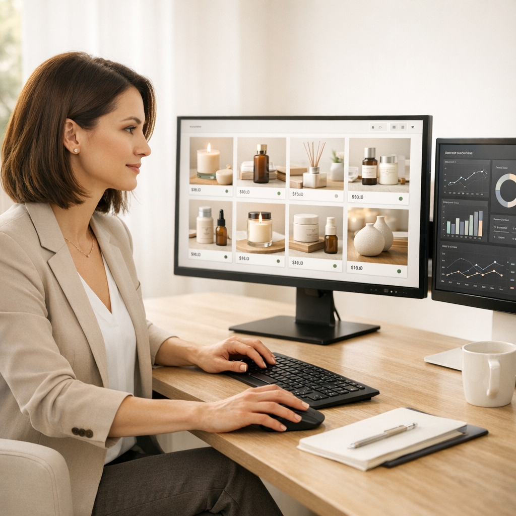 Product manager reviewing an e-commerce catalog and analytics on dual monitors